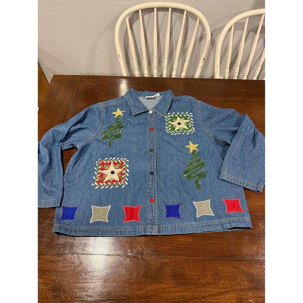 Vintage 90s Carolina Blues Plus Christmas Denim Shirt Jacket 18/20 Appliqué Tree